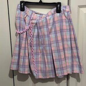 Pastel Plaid Pleated Mini Skirt With Chain
